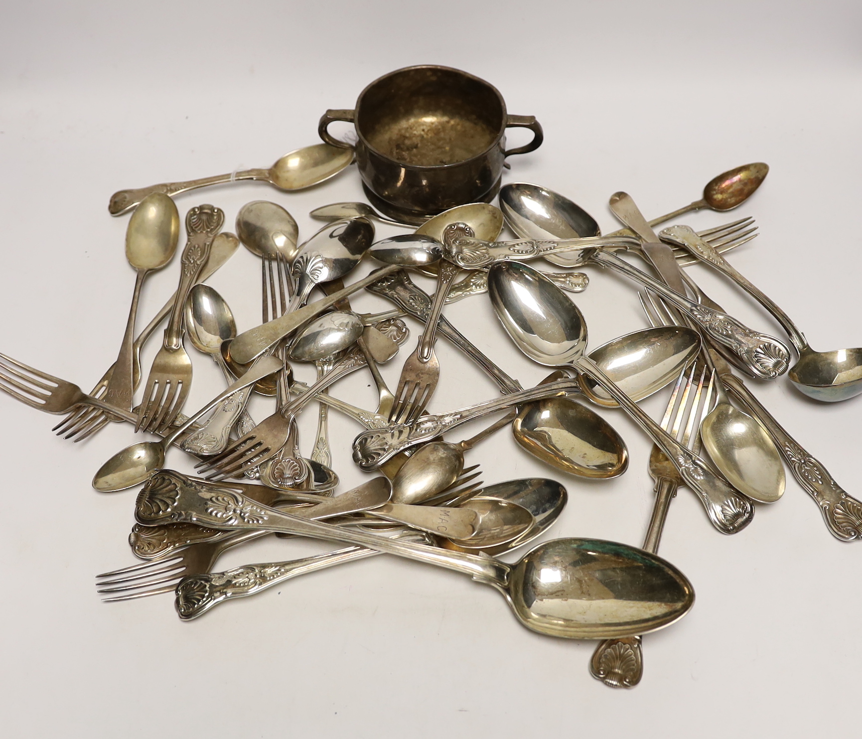 A quantity of assorted 19th century silver flatware, various pattern, dates and makers, together with a George V two handled bowl, 89.5oz.